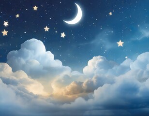 Dreamy children&rsquo;s photo backdrop of a soft blue night sky with bright stars, a smiling moon, and fluffy clouds for playful settings