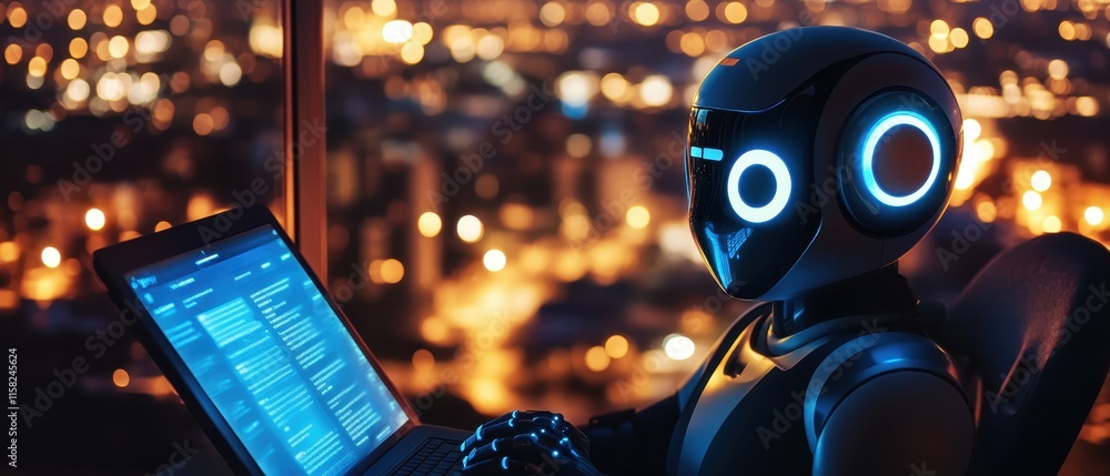 Aufkleber robot assistant working at a desk in a modern office environment during the evening hours