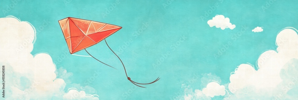 Poster Brightly colored kite soaring high in a blue sky with fluffy clouds and a spacious area for creative text placement. Generative AI