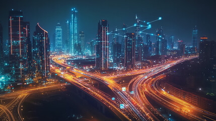 Fototapeta premium Smart Innovation city with connection cyber security network reciprocity over the night cityscape future wireless digital city and social media networking systems that connects people in the city