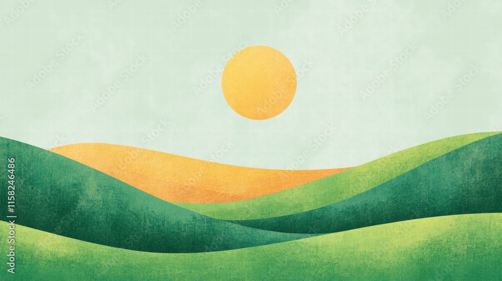 Poster vibrant naive art style landscape featuring rolling hills and a bright sun for creative mock up or t