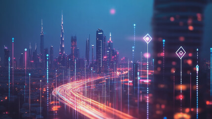 Fototapeta premium Smart Innovation city with connection cyber security network reciprocity over the night cityscape future wireless digital city and social media networking systems that connects people in the city
