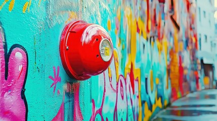 Vibrant graffiti on a city wall with a red fire alarm.