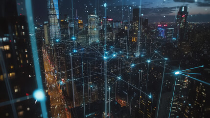 Smart Innovation city with connection cyber security network reciprocity over the night cityscape future wireless digital city and social media networking systems that connects people in the city