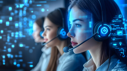 Elevating customer service with blue technology hologram of Digital on screen network, Staff women with headsets and AI interfaces. Call center with Technology Internet and network concept