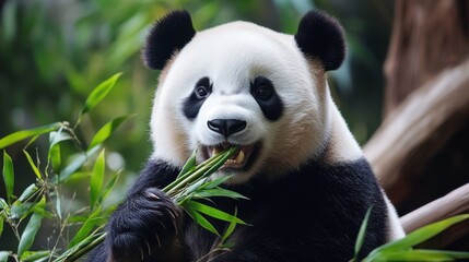 Fototapeta premium Giant Panda Munching on Bamboo Against White Background
