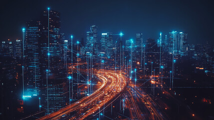 Fototapeta premium Smart Innovation city with connection cyber security network reciprocity over the night cityscape future wireless digital city and social media networking systems that connects people in the city