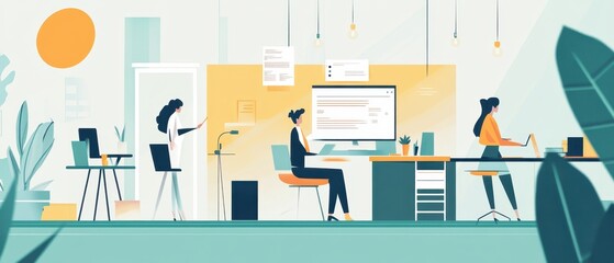 Modern office workspace with diverse professionals engaging in various tasks during daylight