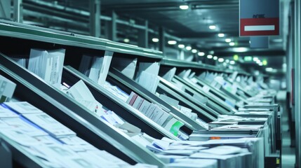 Mail sorting facility with automated machinery efficiently processing and organizing large volumes of mail, showcasing the importance of technology in modern logistics and postal services.