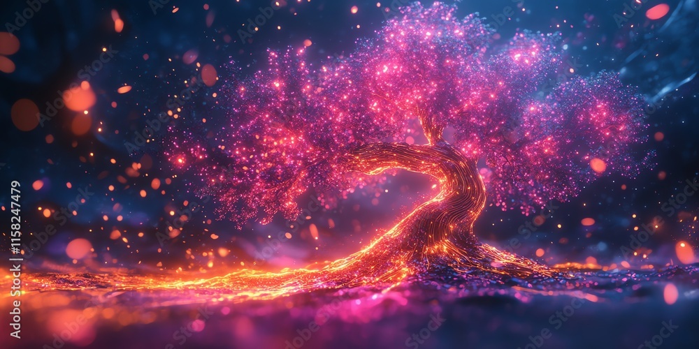 Aufkleber a vibrant, glowing tree with sparkling leaves and flowing lava, creating a magical atmosphere.