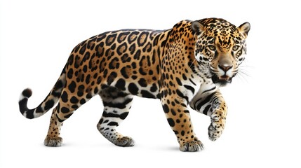 Obraz premium Majestic Jaguar Pacing Slowly Against White Background