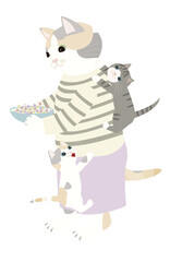 三毛猫のお母さんによじ登る2匹の子猫