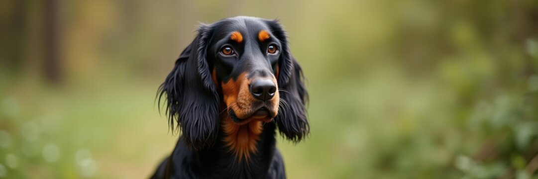A striking portrait of a Gordon Setter with its sleek black and tan coat and thoughtful brown eyes set against a soft bokeh background