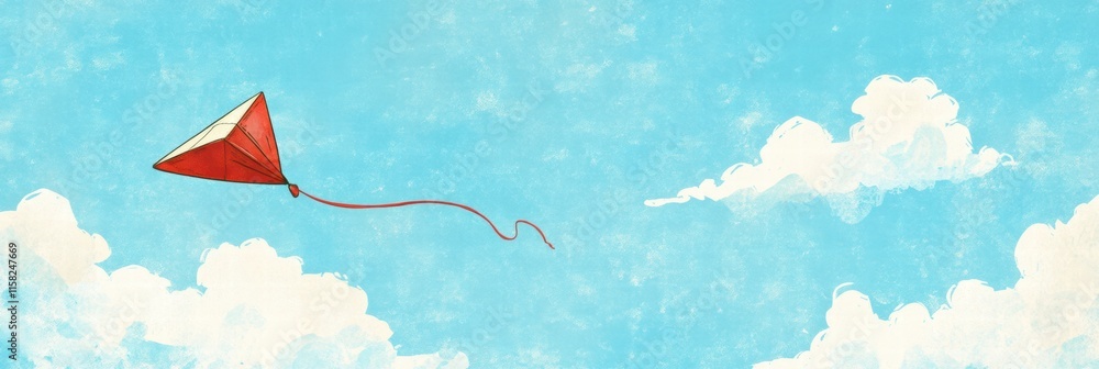 Poster Red kite soaring through a bright blue sky with fluffy clouds in a naive art style, perfect for text placement. Generative AI