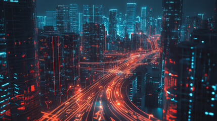 Fototapeta premium Smart Innovation city with connection cyber security network reciprocity over the night cityscape future wireless digital city and social media networking systems that connects people in the city