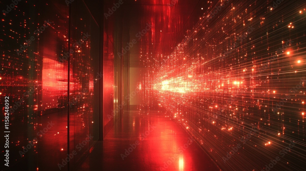 Poster red digital data stream corridor visualization