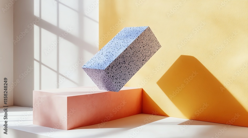 Poster A pastel-colored scene featuring floating geometric shapes against a textured background.