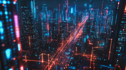 Smart Innovation city with connection cyber security network reciprocity over the night cityscape future wireless digital city and social media networking systems that connects people in the city