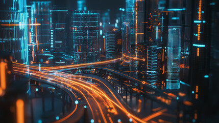 Obraz premium Smart Innovation city with connection cyber security network reciprocity over the night cityscape future wireless digital city and social media networking systems that connects people in the city