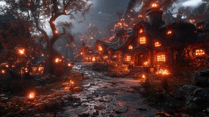Enchanting village nestled in a dark forest, illuminated by warm, glowing lights.