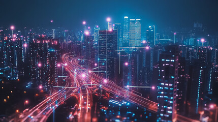 Fototapeta premium Smart Innovation city with connection cyber security network reciprocity over the night cityscape future wireless digital city and social media networking systems that connects people in the city