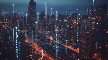 Fototapeta premium Smart Innovation city with connection cyber security network reciprocity over the night cityscape future wireless digital city and social media networking systems that connects people in the city
