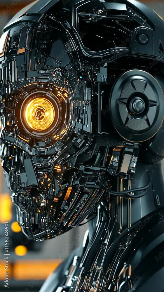 Poster intricate robotic head illuminated in an advanced technology setting