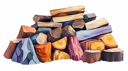 Stack of chopped firewood with varied colors and textures, fresh and rugged. Fernwood. Illustration