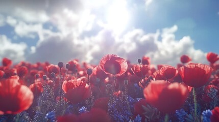 A vibrant field of red poppies and blue flowers under a bright sky with fluffy clouds.