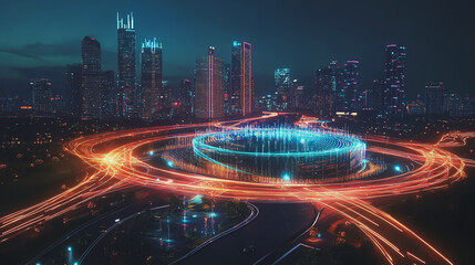 Smart Innovation city with connection cyber security network reciprocity over the night cityscape future wireless digital city and social media networking systems that connects people in the city