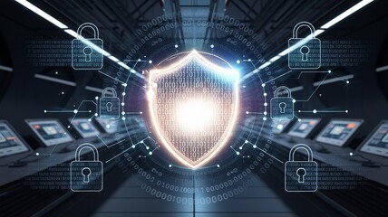 Cybersecurity in Action: High-Tech Shield and Data Protection Concept