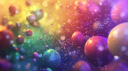 A colorful abstract background featuring floating spheres and sparkling particles.
