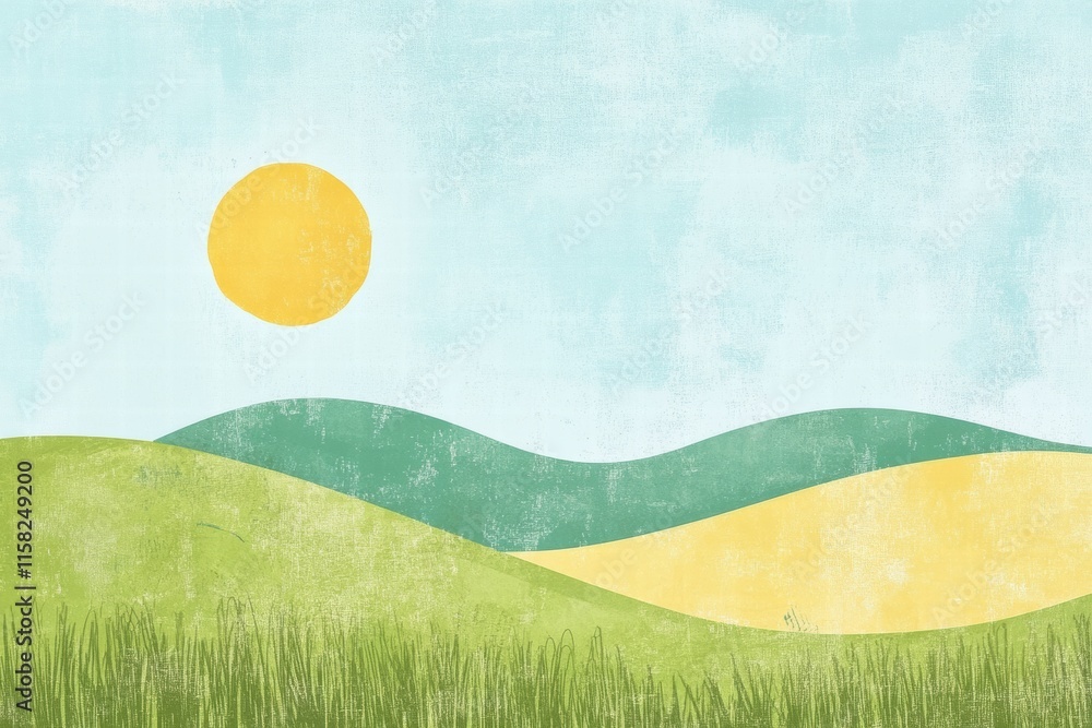Poster bright naive art style landscape with hills and sun inviting space for creative text entries and des