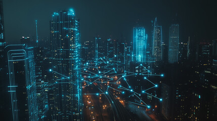 Smart Innovation city with connection cyber security network reciprocity over the night cityscape future wireless digital city and social media networking systems that connects people in the city