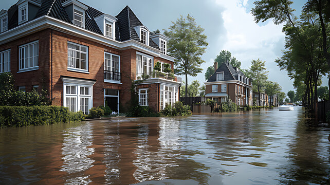 Flooded residential street with elegant brick houses partially submerged in murky water.
