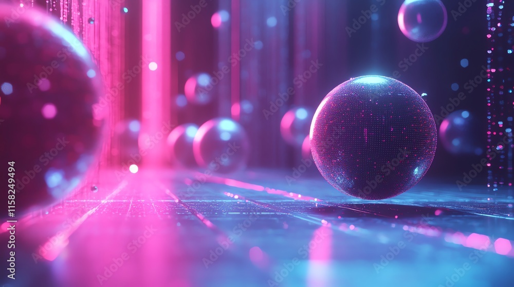 Poster a vibrant, futuristic scene with glowing spheres and beams of light in a digital environment.