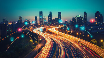 Fototapeta premium Smart Innovation city with connection cyber security network reciprocity over the night cityscape future wireless digital city and social media networking systems that connects people in the city