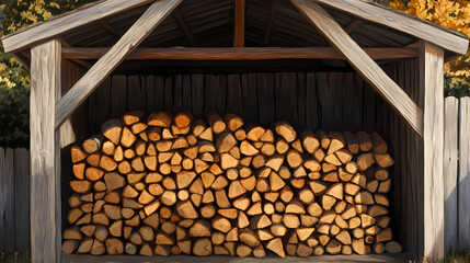 Stacked firewood in a wooden shed. Fernwood. Illustration