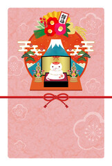 2025年　巳年　白へびの正月飾りの和風年賀状【梅柄和紙風】　文字なし