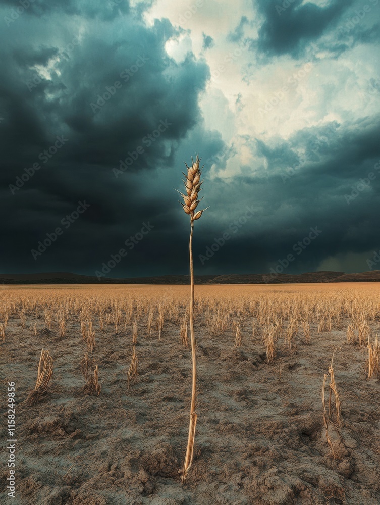 Poster barren field under dark stormy skies with a single stalk of withered wheat rising from dry earth. ge