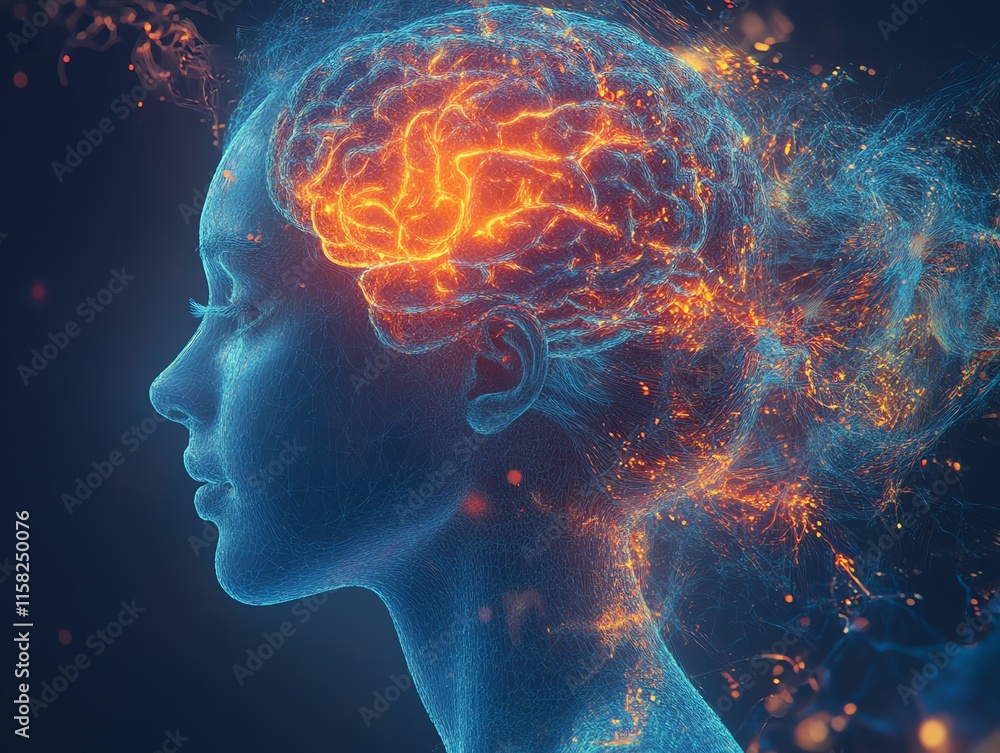 Poster A digital representation of a woman's profile with a glowing brain, symbolizing thought and creativity.