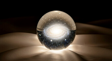 Obraz premium Crystal ball radiating a soft white light, on a light, silky cloth,
