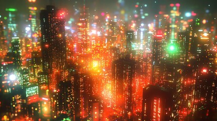 Obraz premium A vibrant cityscape filled with colorful lights and towering buildings, creating a futuristic ambiance.