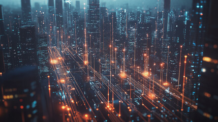 Fototapeta premium Smart Innovation city with connection cyber security network reciprocity over the night cityscape future wireless digital city and social media networking systems that connects people in the city