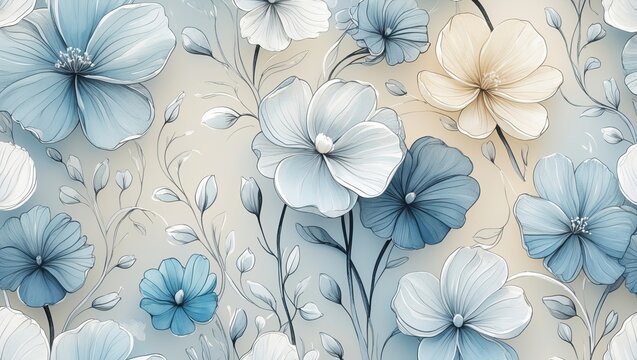 Intricate handdrawn blue flower pattern with white background 