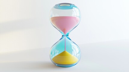 A colorful hourglass with pink and yellow sand, symbolizing the passage of time.