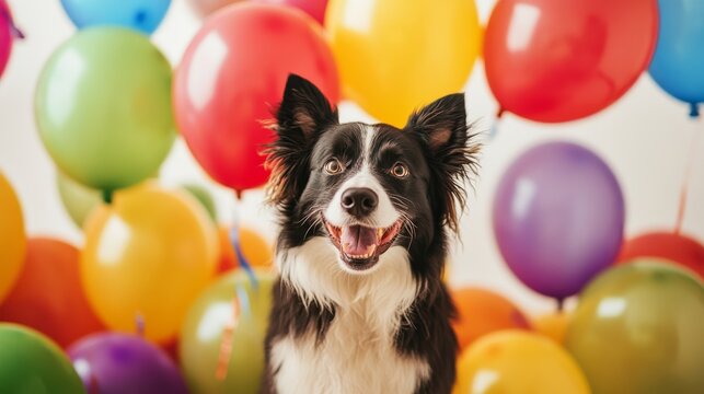 Collie with 2025 decorations. Featuring a festive New Year��s backdrop with balloons and streamers