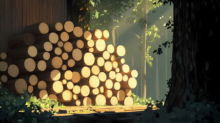 In the photograph, wooden logs are stacked in neat piles, showcasing round timber arranged closely together. Fernwood. Illustration