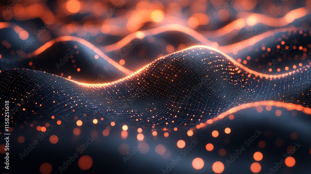 Poster Abstract visualization of flowing waves with glowing particles in a dark environment.