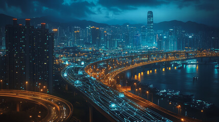 Fototapeta premium Smart Innovation city with connection cyber security network reciprocity over the night cityscape future wireless digital city and social media networking systems that connects people in the city